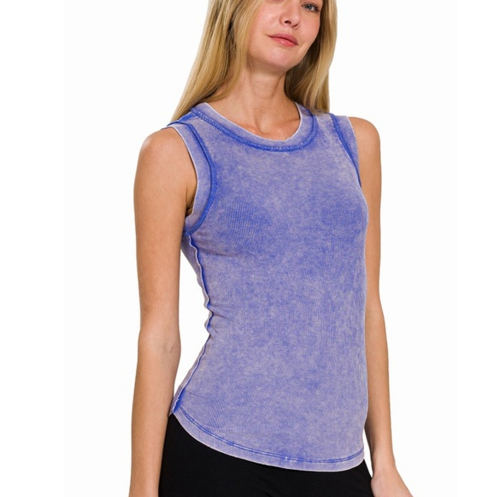 EVE * WASHED RIBBED SCOOP NECK TANK TOP in Lt indigo